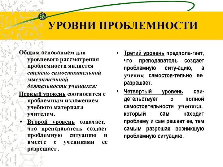 УРОВНИ ПРОБЛЕМНОСТИ Общим основанием для уровневого рассмотрения проблемности является степень самостоятельной мыслительной деятельности