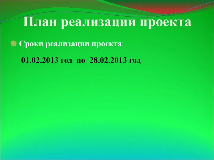 План реализации проекта Сроки реализации проекта: 01.02.2013 год по 28.02.2013 год