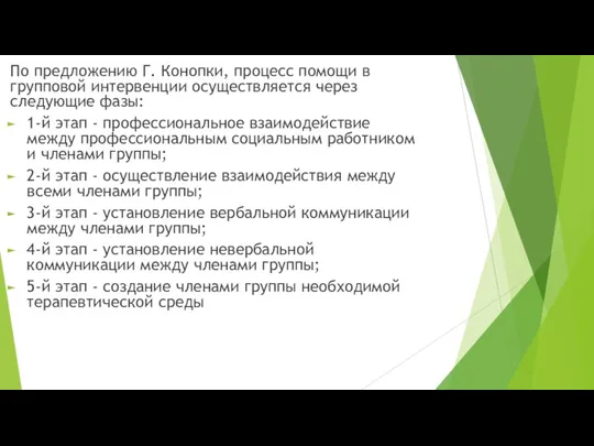 По предложению Г. Конопки, процесс помощи в групповой интервенции осуществляется