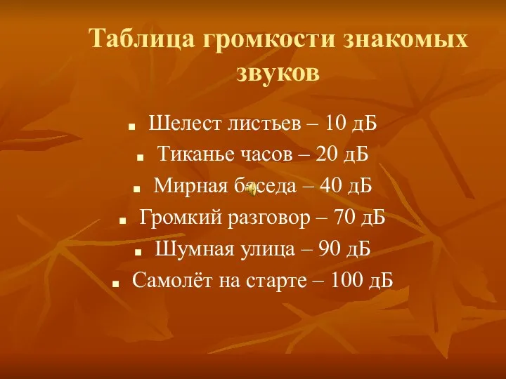 Таблица громкости знакомых звуков Шелест листьев – 10 дБ Тиканье