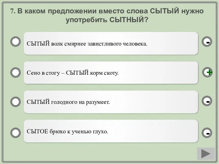 7. В каком предложении вместо слова СЫТЫЙ нужно употребить СЫТНЫЙ?