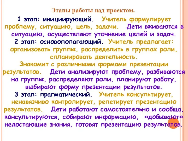 Этапы работы над проектом. 1 этап: инициирующий. Учитель формулирует проблему,