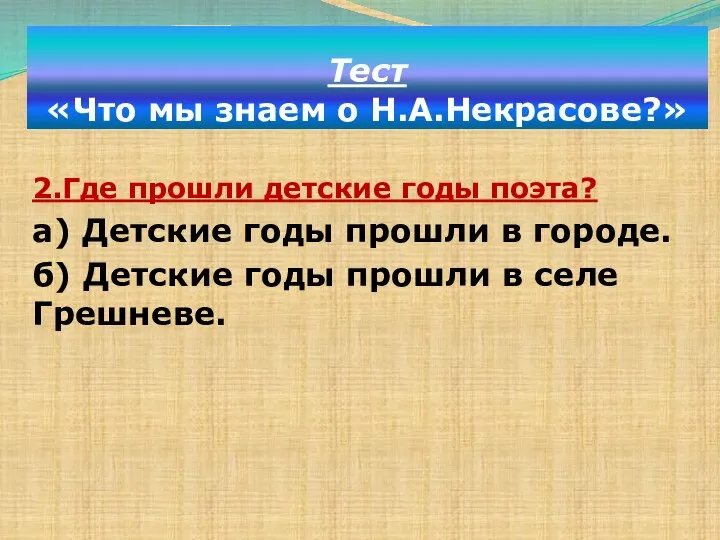 Тест «Что мы знаем о Н.А.Некрасове?» 2.Где прошли детские годы