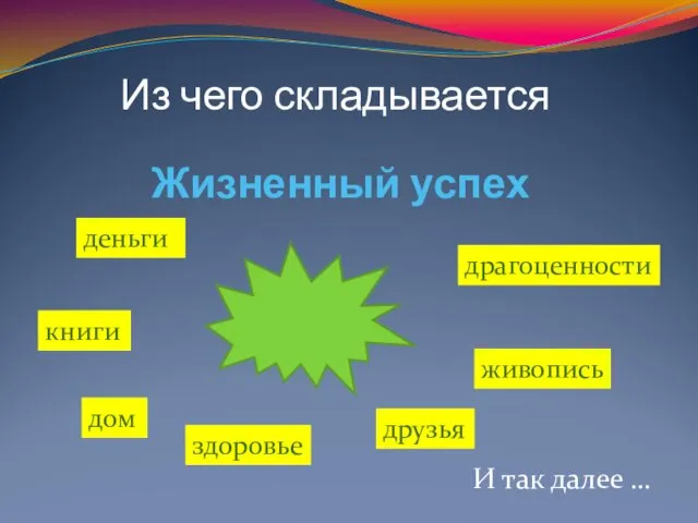 Жизненный успех И так далее … Из чего складывается деньги драгоценности здоровье книги живопись дом друзья