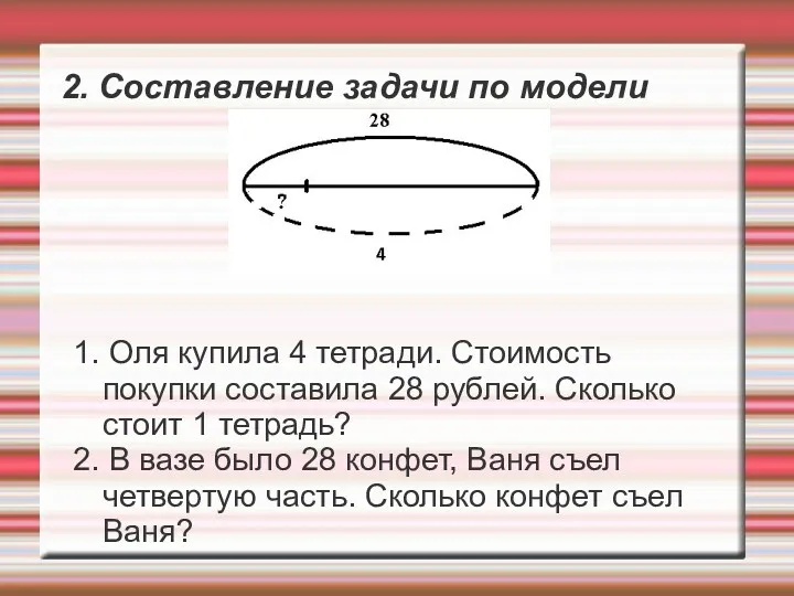 2. Составление задачи по модели 1. Оля купила 4 тетради.