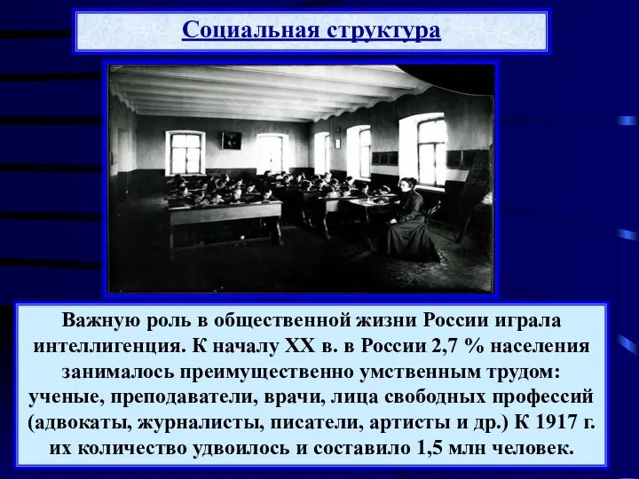 Важную роль в общественной жизни России играла интеллигенция. К началу XX в. в