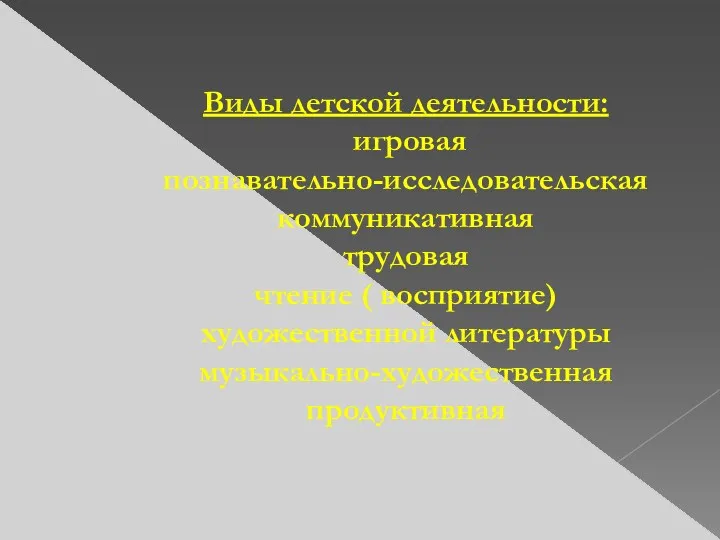 Виды детской деятельности: игровая познавательно-исследовательская коммуникативная трудовая чтение ( восприятие) художественной литературы музыкально-художественная продуктивная