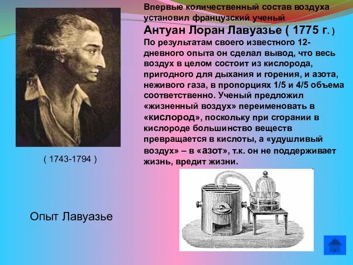 Впервые количественный состав воздуха установил французский ученый Антуан Лоран Лавуазье ( 1775 г.