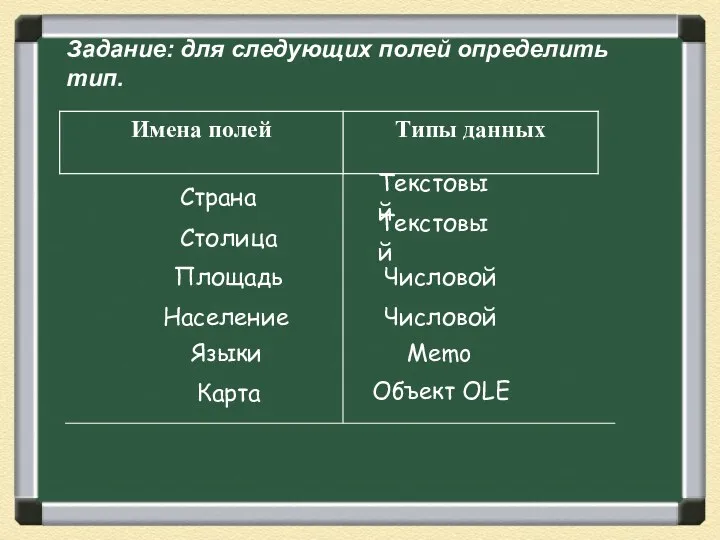 Задание: для следующих полей определить тип. Страна Текстовый Столица Числовой