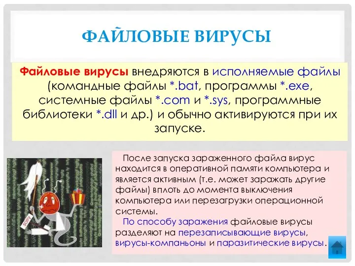 ФАЙЛОВЫЕ ВИРУСЫ Файловые вирусы внедряются в исполняемые файлы (командные файлы