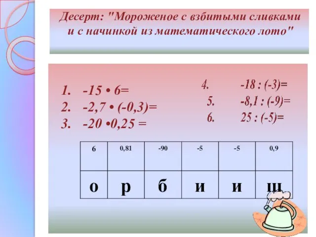 Десерт: "Мороженое с взбитыми сливками и с начинкой из математического лото" 1. -15