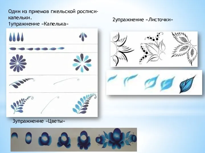 Один из приемов гжельской росписи- капельки. 1упражнение «Капелька» 2упражнение «Листочки» 3упражнение «Цветы»