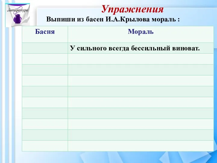 Упражнения Выпиши из басен И.А.Крылова мораль :