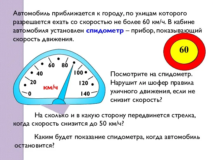 0 20 40 60 80 100 Автомобиль приближается к городу,