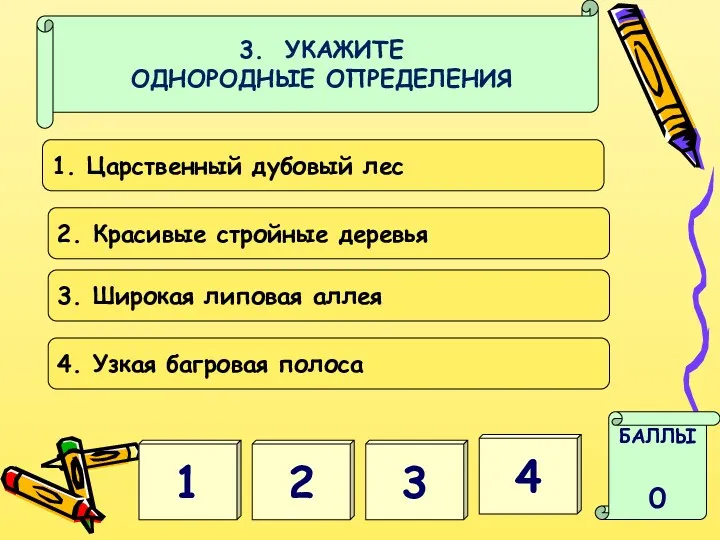 3. УКАЖИТЕ ОДНОРОДНЫЕ ОПРЕДЕЛЕНИЯ 2 3 БАЛЛЫ 0 4 1