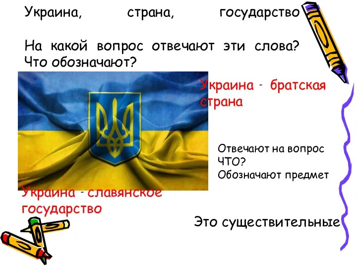 Украина, страна, государство На какой вопрос отвечают эти слова? Что