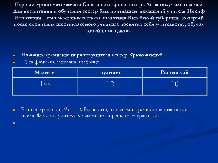 Первые уроки математики Соня и ее старшая сестра Анна получили