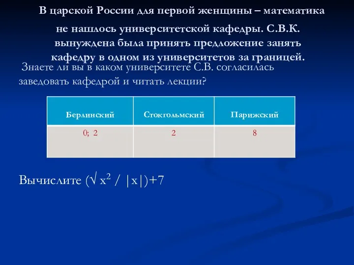 В царской России для первой женщины – математика не нашлось