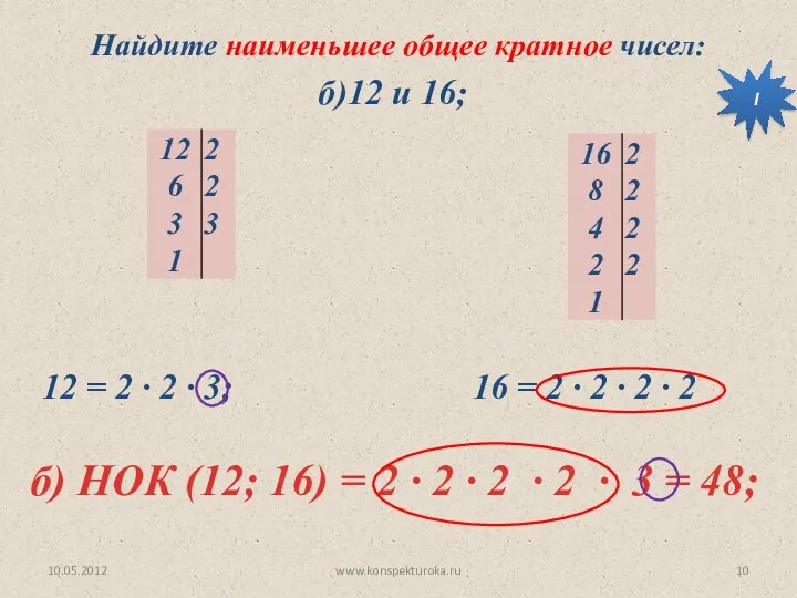 10.05.2012 www.konspekturoka.ru б) НОК (12; 16) = 2 ∙ 2