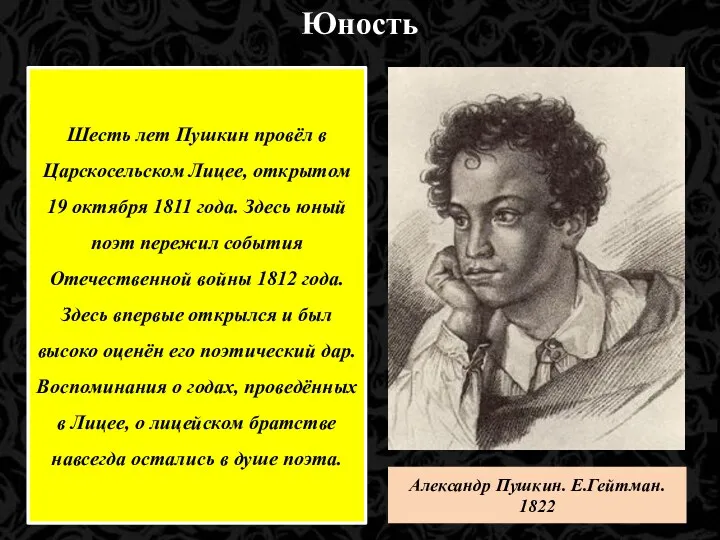 Юность Александр Пушкин. Е.Гейтман. 1822 Шесть лет Пушкин провёл в