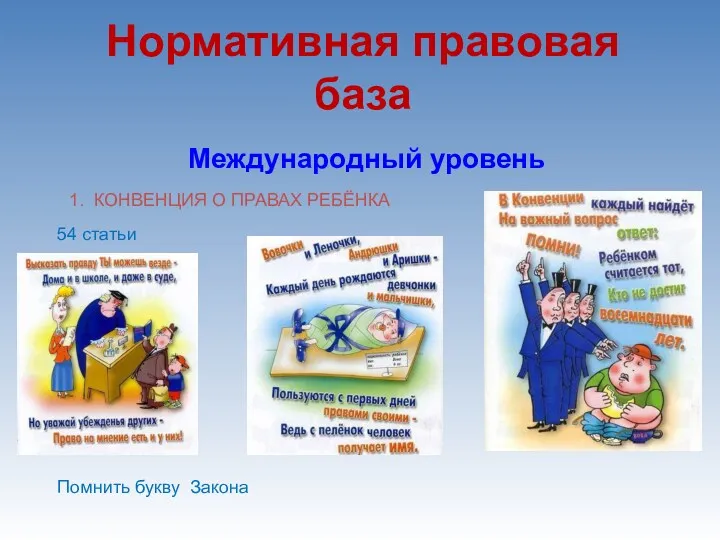 Нормативная правовая база Международный уровень 1. КОНВЕНЦИЯ О ПРАВАХ РЕБЁНКА 54 статьи Помнить букву Закона