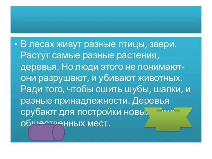 В лесах живут разные птицы, звери. Растут самые разные растения,