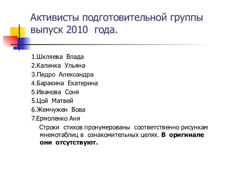 Активисты подготовительной группы выпуск 2010 года. 1.Шкляева Влада 2.Калинка Ульяна