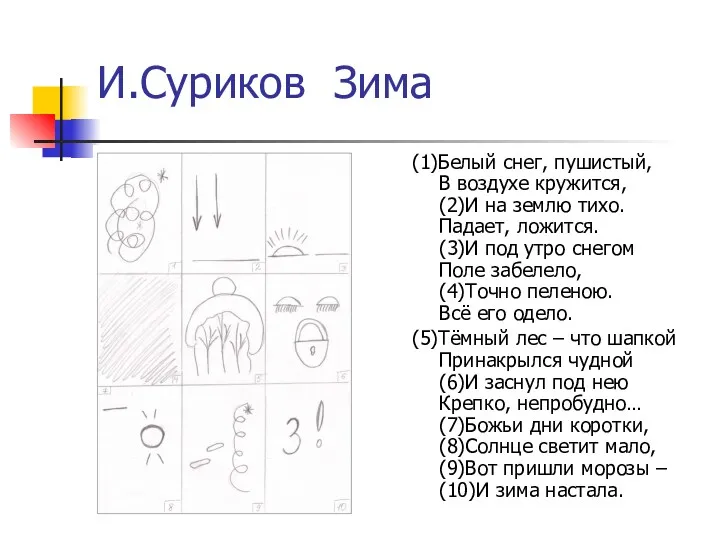 И.Суриков Зима (1)Белый снег, пушистый, В воздухе кружится, (2)И на