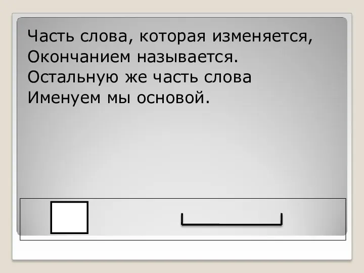 Часть слова, которая изменяется, Окончанием называется. Остальную же часть слова Именуем мы основой.