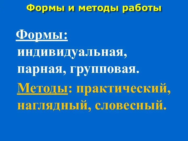 Формы: индивидуальная, парная, групповая. Методы: практический, наглядный, словесный. Формы и методы работы