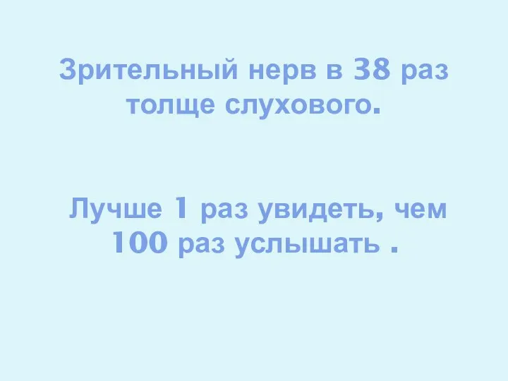 Зрительный нерв в 38 раз толще слухового. Лучше 1 раз увидеть, чем 100 раз услышать .