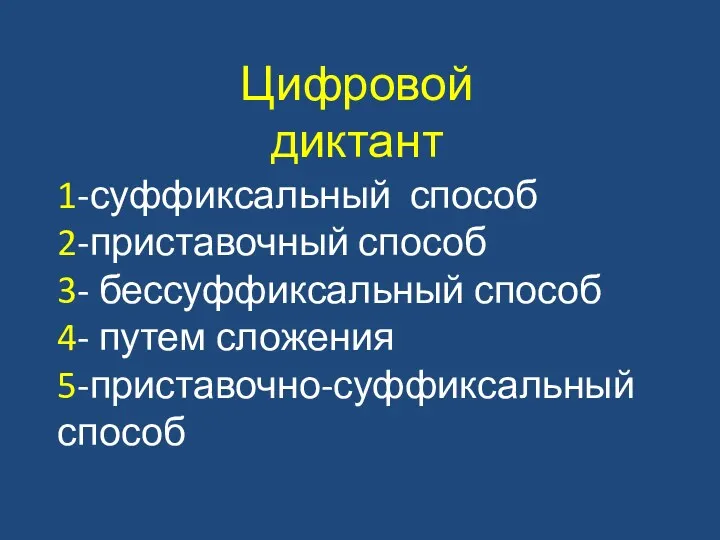 1-суффиксальный способ 2-приставочный способ 3- бессуффиксальный способ 4- путем сложения 5-приставочно-суффиксальный способ Цифровой диктант