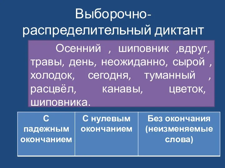 Выборочно-распределительный диктант Осенний , шиповник ,вдруг, травы, день, неожиданно, сырой