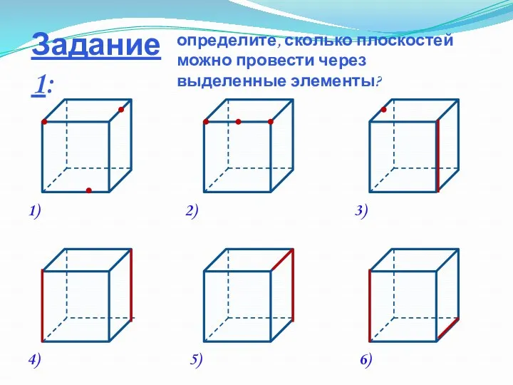Задание 1: определите, сколько плоскостей можно провести через выделенные элементы? 1) 3) 2) 5) 4) 6)