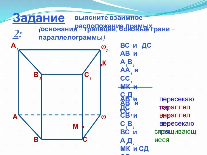 Задание 2: выясните взаимное расположение прямых (основания – трапеции, боковые