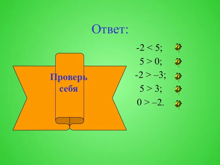 Ответ: -2 5 > 0; -2 > –3; 5 > 3; 0 > –2. Проверь себя