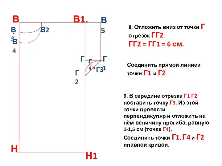 8. Отложить вниз от точки Г отрезок ГГ2. ГГ2 = ГГ1 = 6