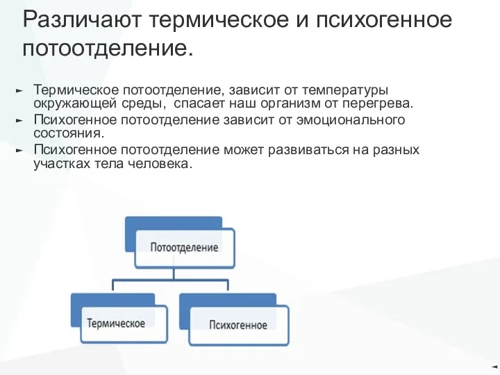 Различают термическое и психогенное потоотделение. Термическое потоотделение, зависит от температуры