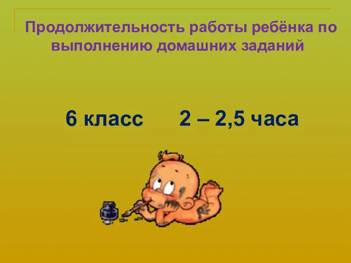 Продолжительность работы ребёнка по выполнению домашних заданий 6 класс 2 – 2,5 часа