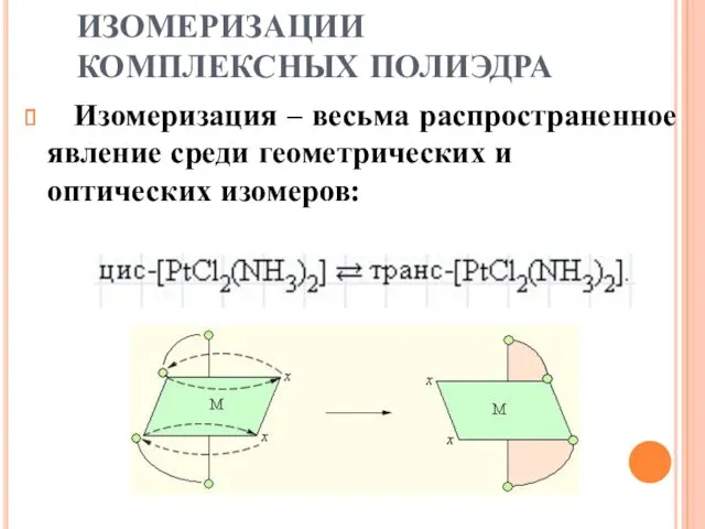 ИЗОМЕРИЗАЦИИ КОМПЛЕКСНЫХ ПОЛИЭДРА Изомеризация – весьма распространенное явление среди геометрических и оптических изомеров: