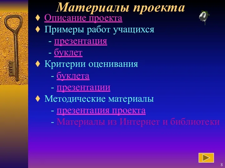 Материалы проекта Описание проекта Примеры работ учащихся - презентация - буклет Критерии оценивания