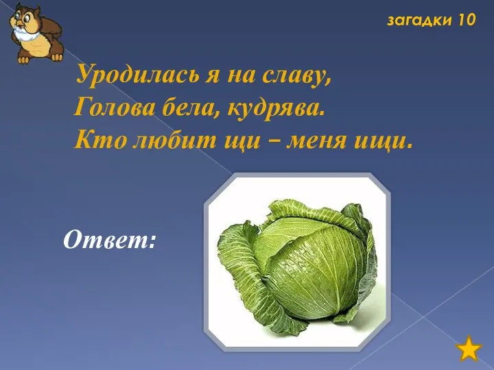 загадки 10 Уродилась я на славу, Голова бела, кудрява. Кто любит щи – меня ищи. Ответ: