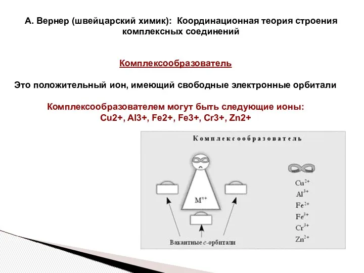 Комплексообразователь Это положительный ион, имеющий свободные электронные орбитали Комплексообразователем могут