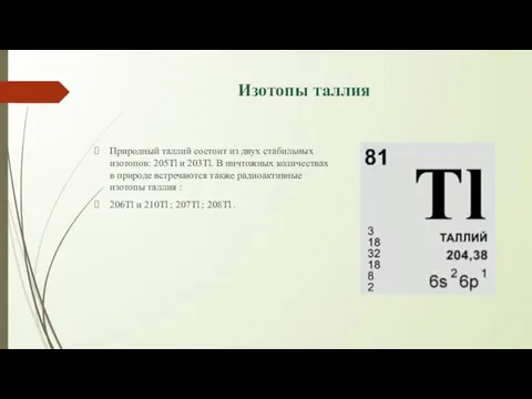 Изотопы таллия Природный таллий состоит из двух стабильных изотопов: 205Tl и 203Tl. В