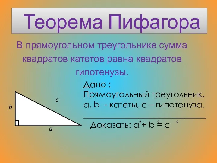Теорема Пифагора В прямоугольном треугольнике сумма квадратов катетов равна квадратов гипотенузы. с b