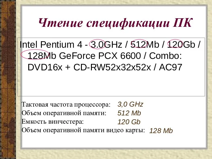 Чтение спецификации ПК Intel Pentium 4 - 3.0GHz / 512Mb / 120Gb /