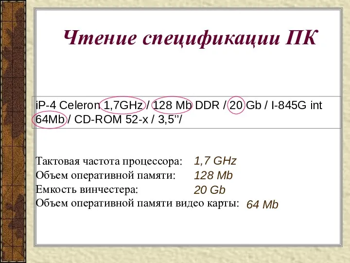 Чтение спецификации ПК iP-4 Celeron 1,7GHz / 128 Mb DDR / 20 Gb