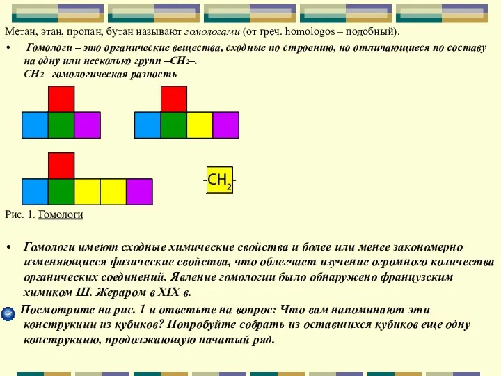 Метан, этан, пропан, бутан называют гомологами (от греч. homologos –