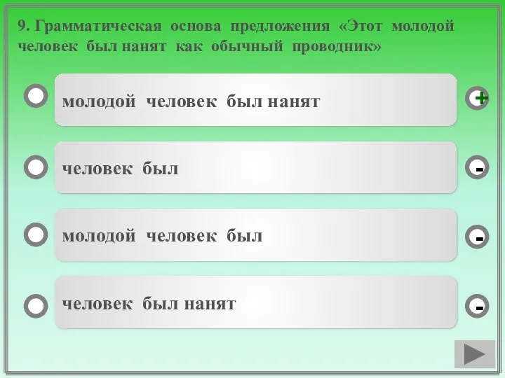 9. Грамматическая основа предложения «Этот молодой человек был нанят как