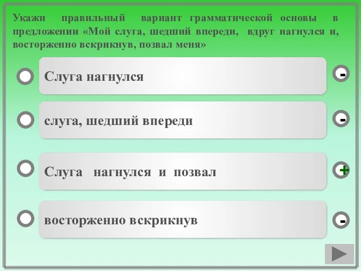 Укажи правильный вариант грамматической основы в предложении «Мой слуга, шедший